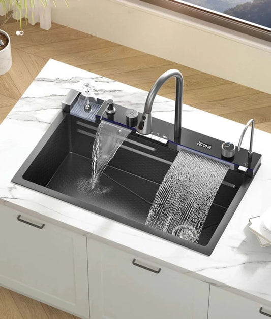 Stainless Steel Waterfall Kitchen Sink Integrated Digital Display