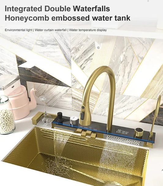 Golden Stainless-Steel Kitchen Sink Double Waterfall Sink Digital Display