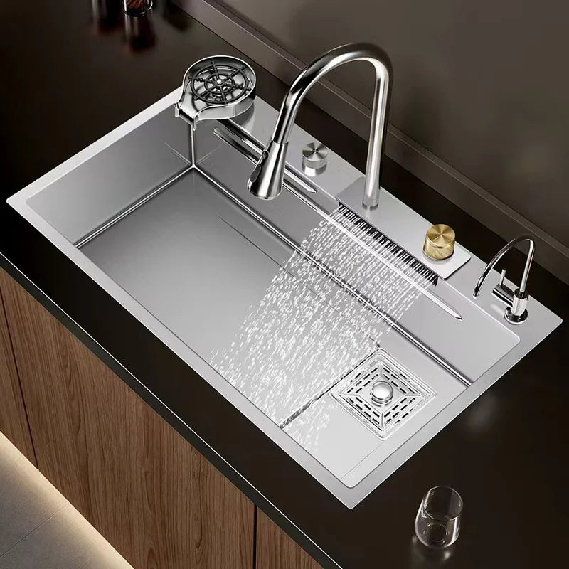 Silver Premium Stainless Steel Sink 3mm Nano Waterfall Faucet Sink Kitchen