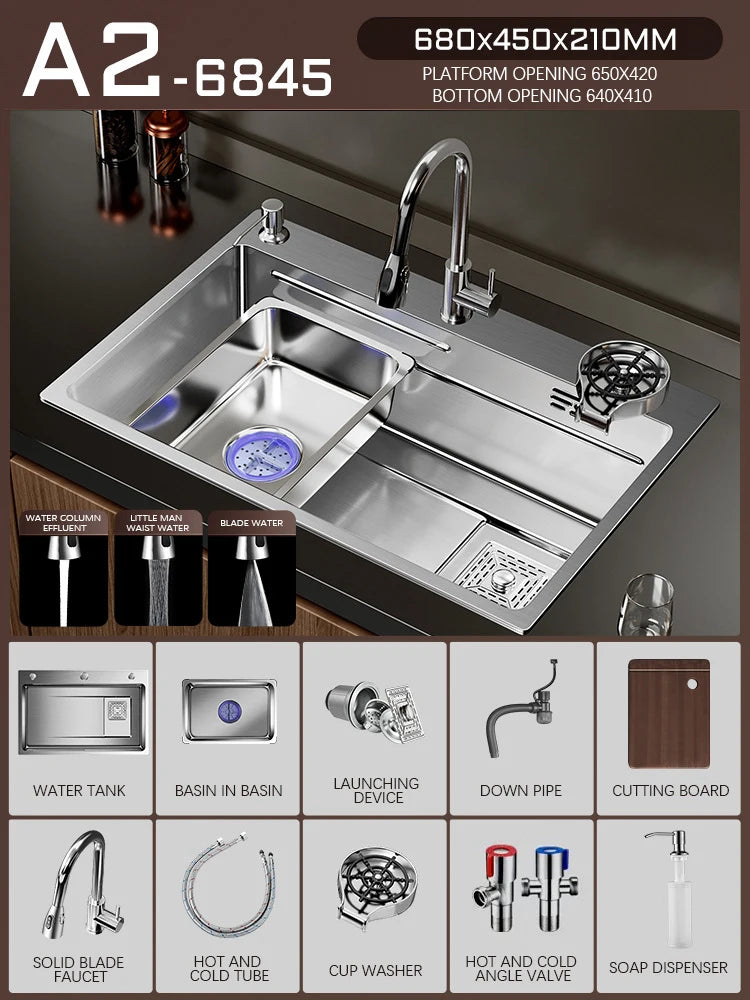 Silver Premium Stainless Steel Sink 3mm Nano Waterfall Faucet Sink Kitchen